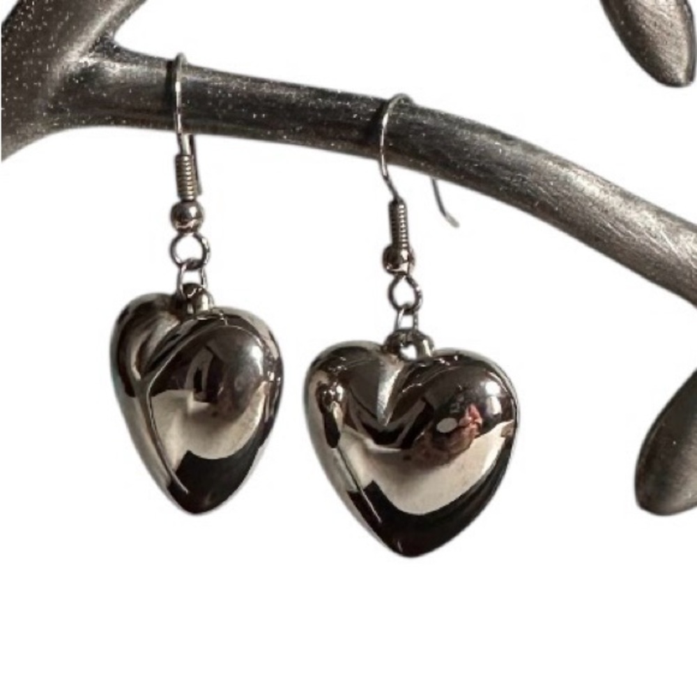 Sterling Silver Puffed Heart Dangle Earrings